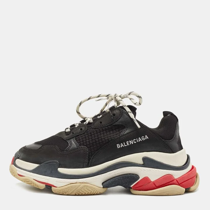 Balenciaga Black Mesh and Leather Triple S Lace Up Sneakers Size 42