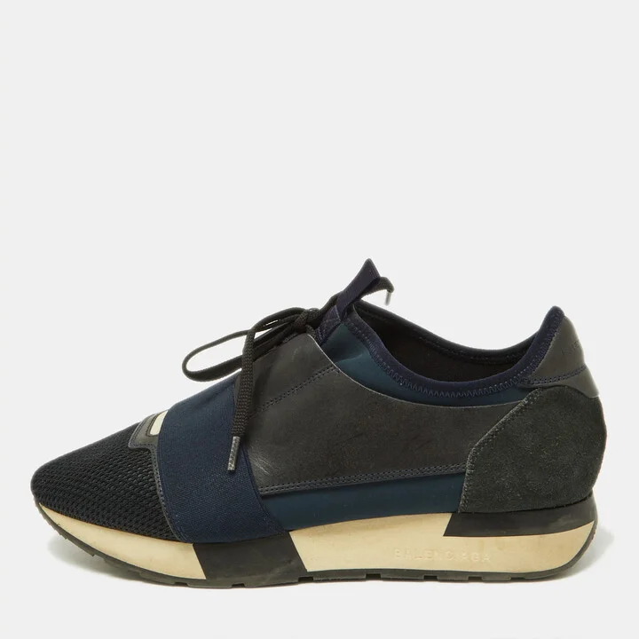 Balenciaga Black/Navy Blue Leather Mesh and Suede Race Runner Sneakers Size 39