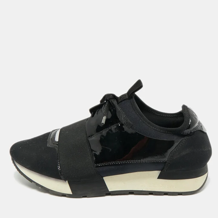 Balenciaga Black Nylon and Patent Leather Race Runner Lace Up Sneakers Size 38