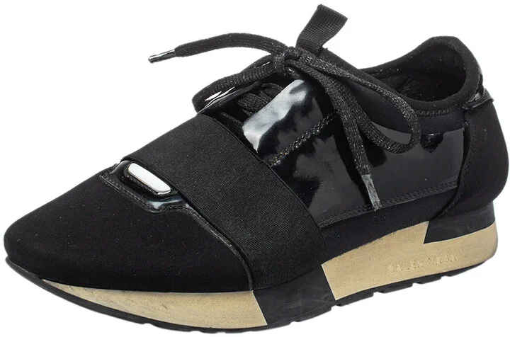 Balenciaga Black Patent Leather And Neoprene Race Runner Low Top Sneakers Size 38