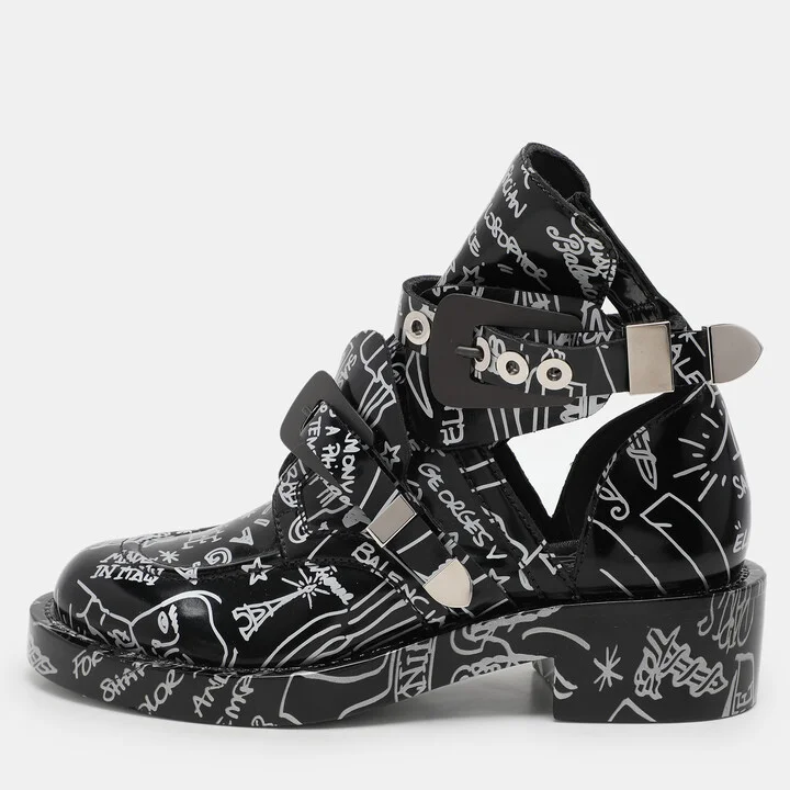 Balenciaga Black Patent Leather Graffiti Booties Size 38