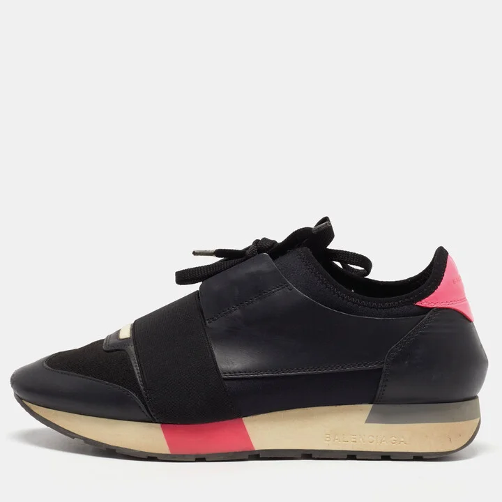 Balenciaga Black/Pink Leather and Fabric Race Runner Sneakers Size 38