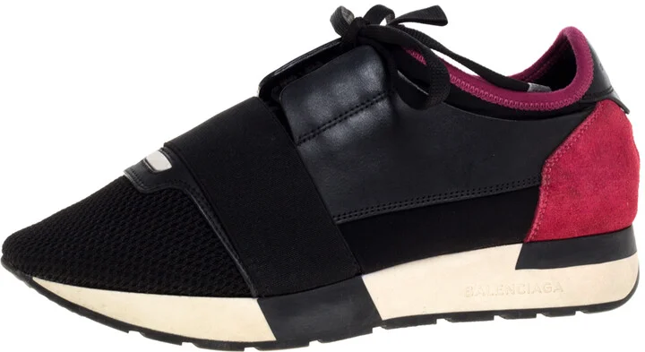 Balenciaga Black/Pink Leather And Mesh Race Runner Low Top Sneakers Size 37