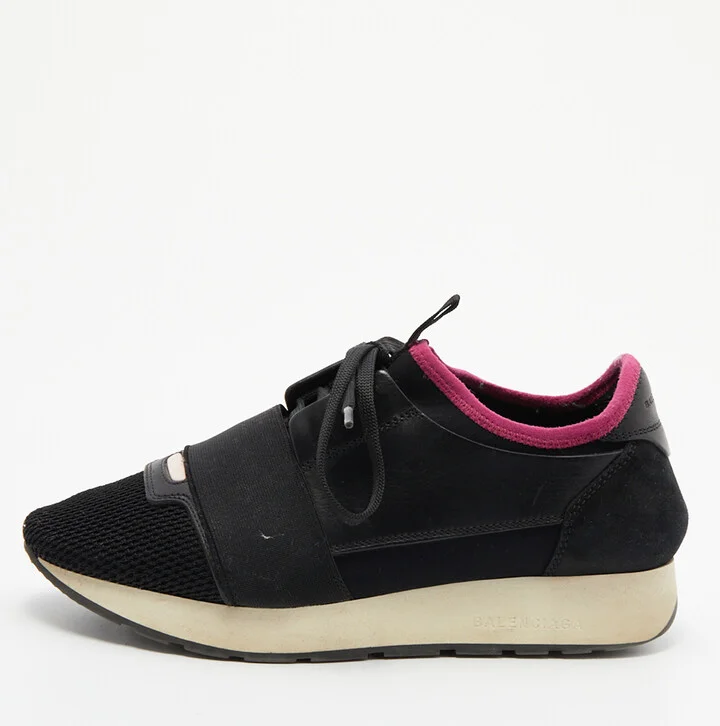 Balenciaga Black/Pink Leather And Mesh Race Runner Low Top Sneakers Size 37