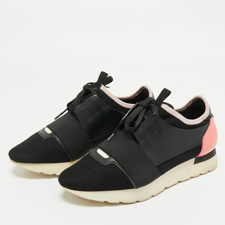 Balenciaga Black/Pink Leather and Mesh Race Runner Low Top Sneakers Size 38