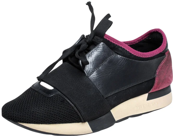 Balenciaga Black/Pink Leather And Mesh Race Runner Sneakers Size 38