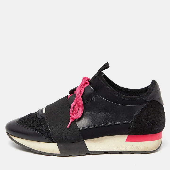 Balenciaga Black/Pink Leather Suede and Mesh Race Runner Sneakers Size 37
