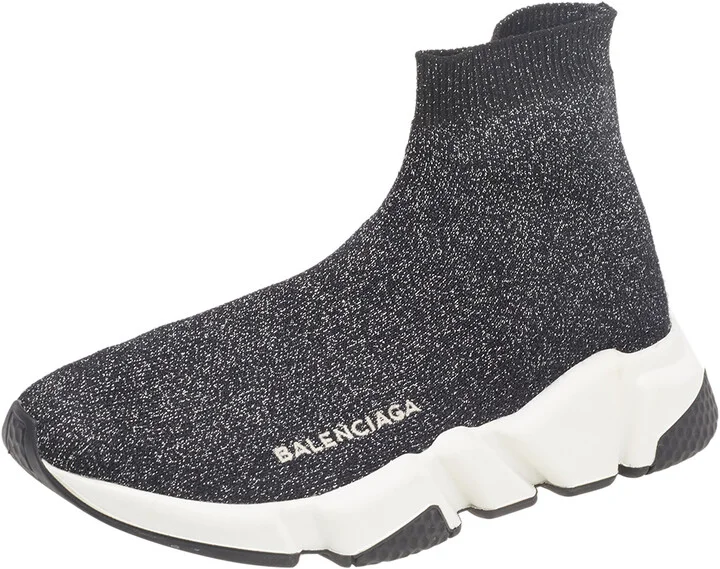 Balenciaga Black/Silver Glitter Knit Fabric Speed Trainer Sneakers Size 35