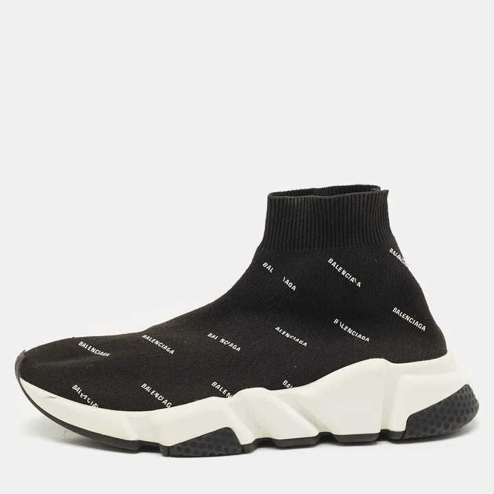 Balenciaga Black/White Knit Fabric Allover Logo Speed Trainer Sneakers Size 37