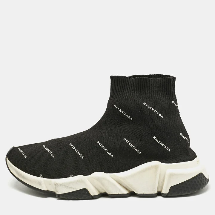 Balenciaga Black/White Knit Fabric Allover Logo Speed Trainer Sneakers Size 39