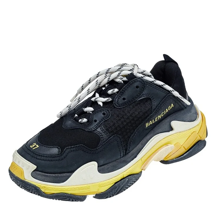 Balenciaga Black /Yellow Leather And Mesh Triple S Clear Sneakers Size 37