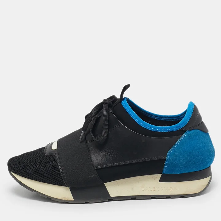 Balenciaga Blue/Black Mesh and Suede Race Runner Low Top Sneakers Size 38