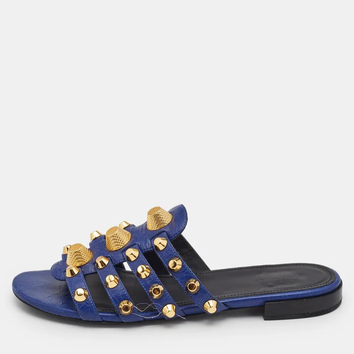 Balenciaga Blue Leather Arena Flat Slides Size 38