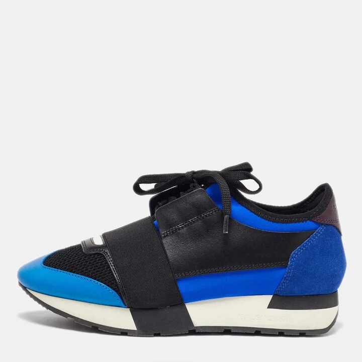 Balenciaga Blue Leather Mesh and Suede Race Runner Low Top Sneakers Size 37