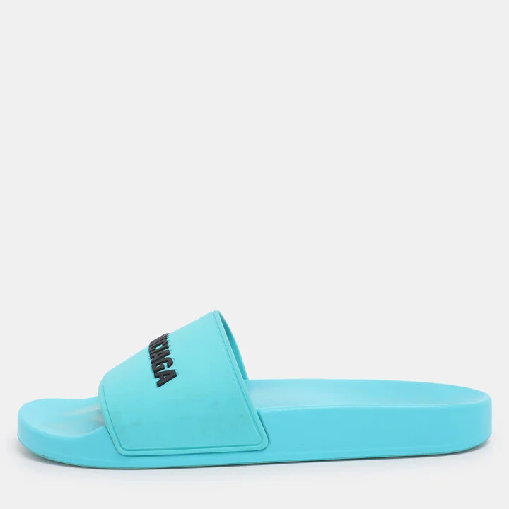 Balenciaga Blue Rubber Logo Pool Slides Size 40