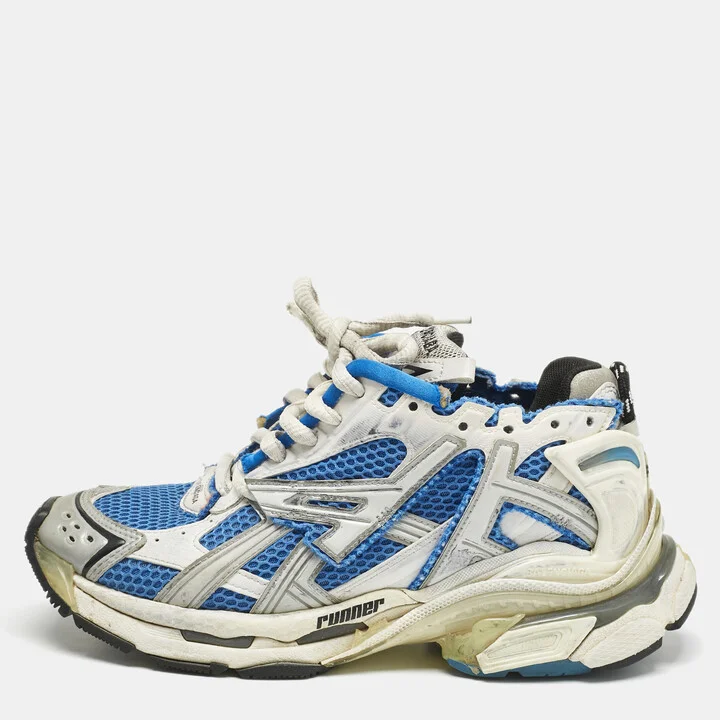 Balenciaga Blue/White Faux Leather and Mesh Track Low Top Sneakers Size 37