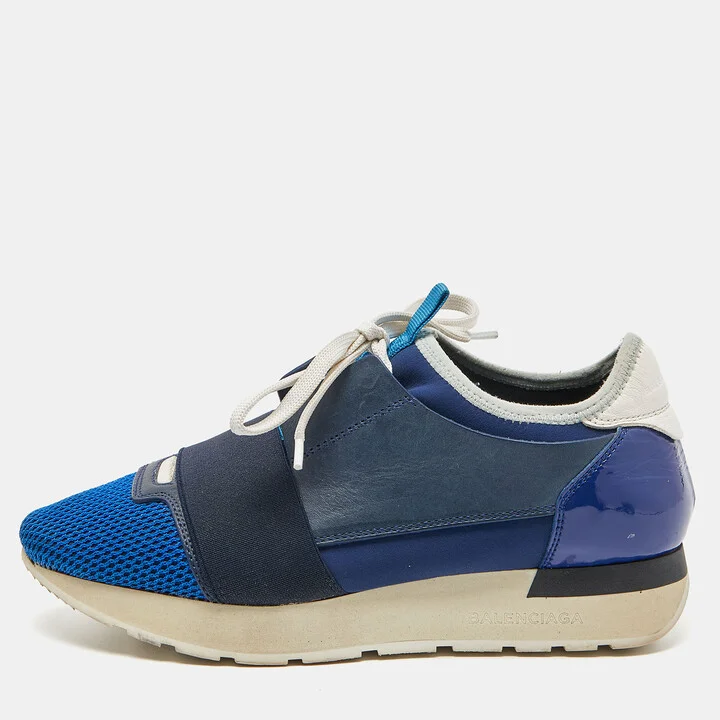 Balenciaga Blue/White Patent Mesh and Leather Race Runner Sneakers Size 36