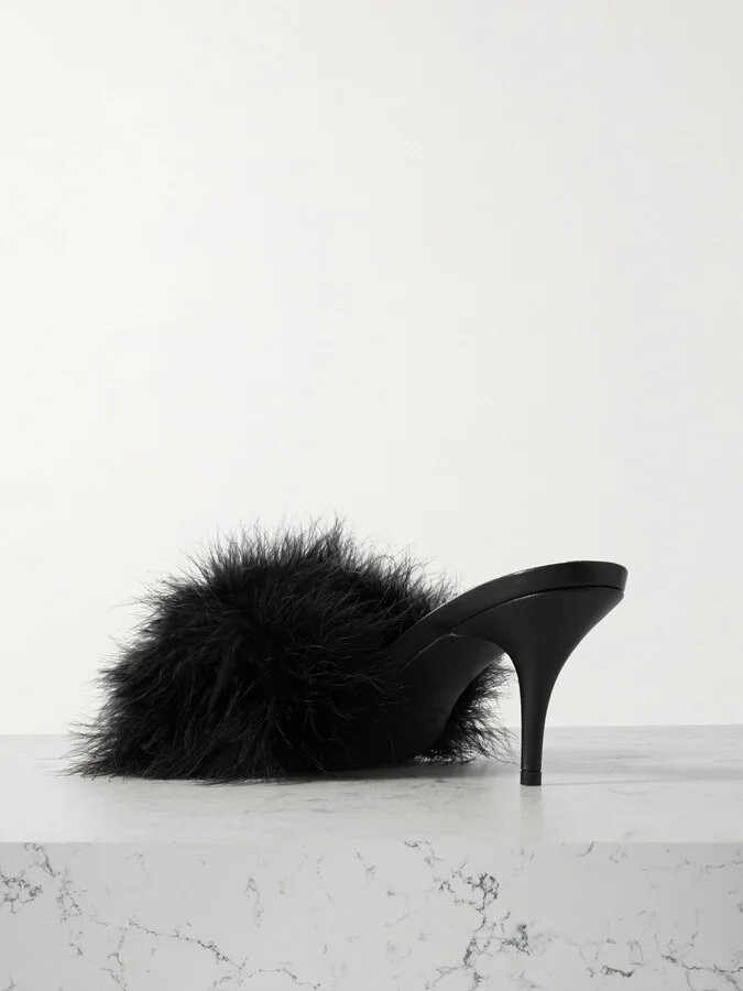 Balenciaga - Boudoir Feather-trimmed Leather Mules - Black - Image 3