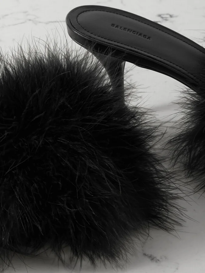 Balenciaga - Boudoir Feather-trimmed Leather Mules - Black - Image 4