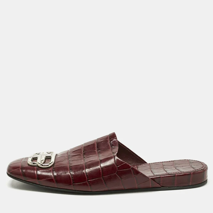 Balenciaga Burgundy Croc Embossed Leather Cosy BB Flat Sandals Size 40