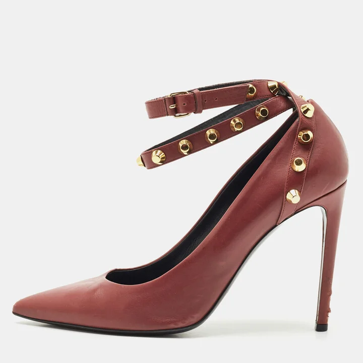 Balenciaga Burgundy Leather Studded Pointed Toe Ankle Wrap Pumps Size 40