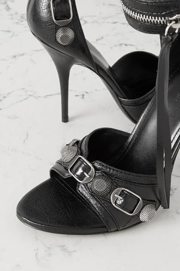 Balenciaga - Cagole Embellished Crinkled-leather Sandals - Black - Image 4
