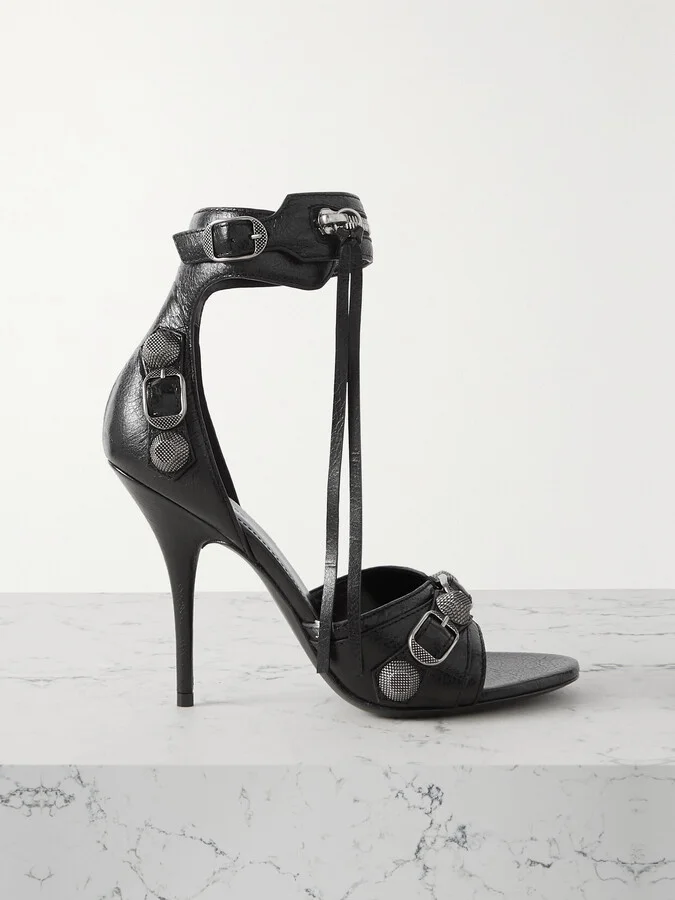 Balenciaga - Cagole Embellished Crinkled-leather Sandals - Black
