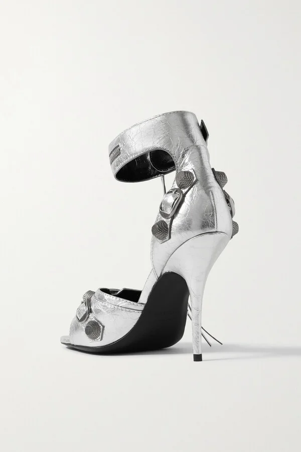 Balenciaga - Cagole Embellished Metallic Crinkled-leather Sandals - Silver - Image 3