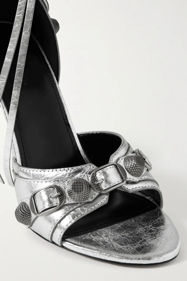 Balenciaga - Cagole Embellished Metallic Crinkled-leather Sandals - Silver - Image 4