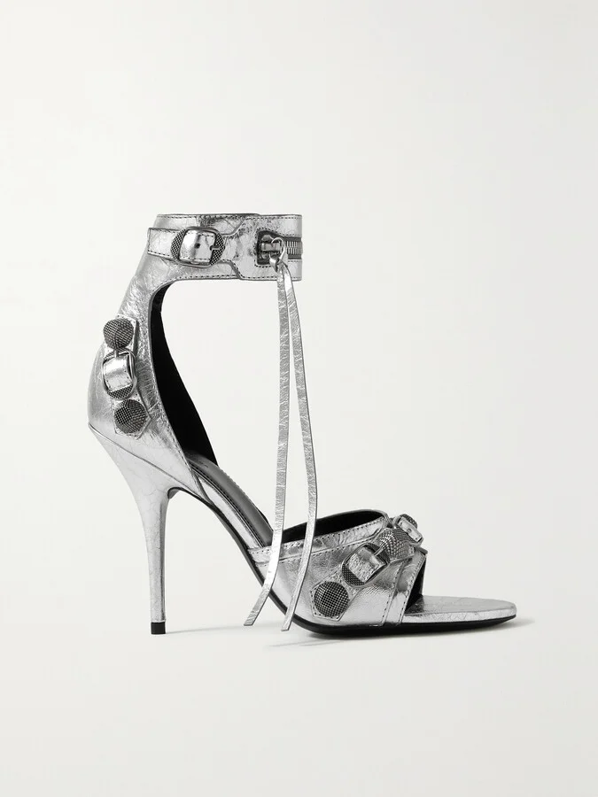 Balenciaga - Cagole Embellished Metallic Crinkled-leather Sandals - Silver