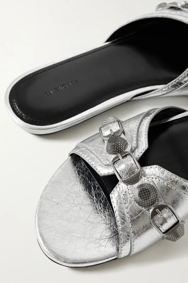 Balenciaga - Cagole Embellished Metallic Textured-leather Sandals - Silver - Image 4