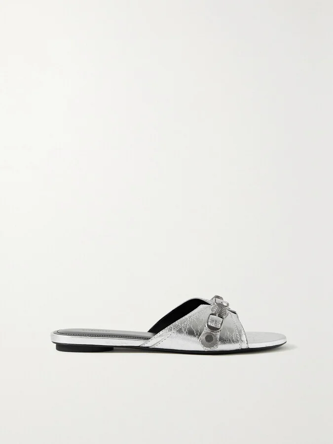 Balenciaga - Cagole Embellished Metallic Textured-leather Sandals - Silver