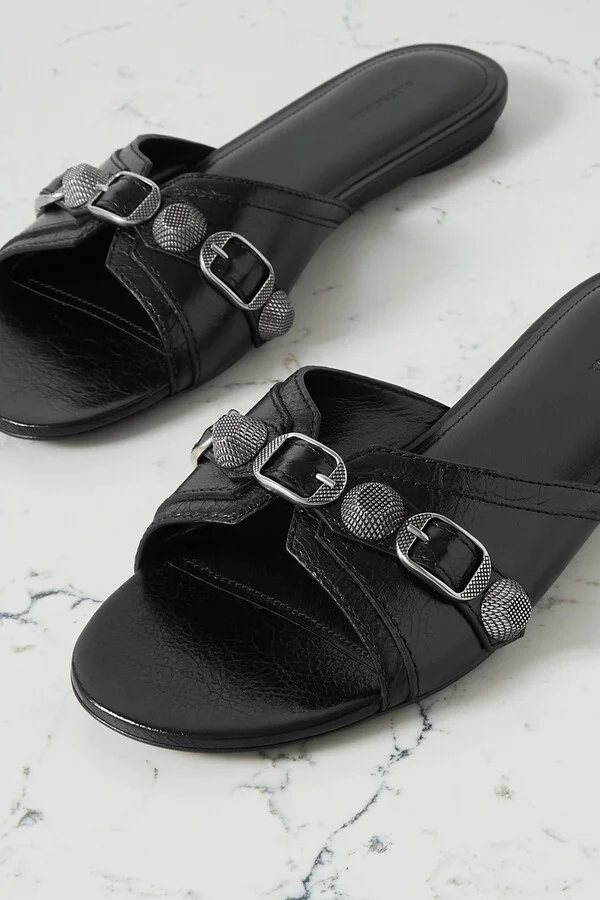 Balenciaga - Cagole Embellished Textured-leather Sandals - Black - Image 4
