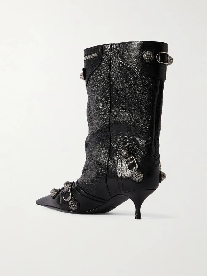 Balenciaga - Cagole Zip-embellished Studded Crinkled-leather Ankle Boots - Black - Image 3