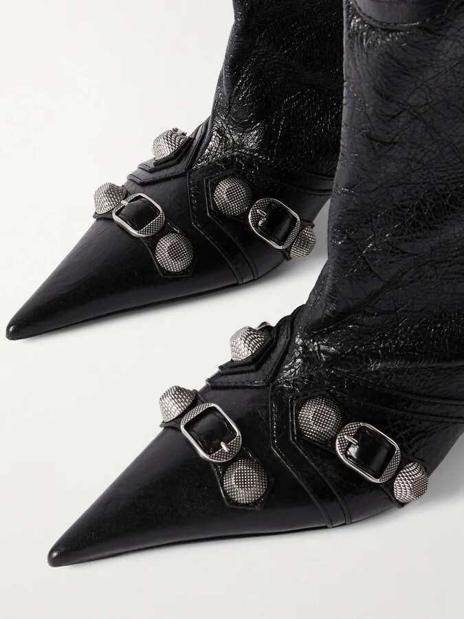 Balenciaga - Cagole Zip-embellished Studded Crinkled-leather Ankle Boots - Black - Image 4