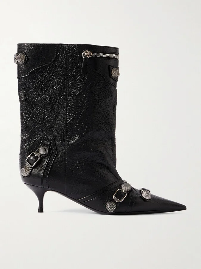 Balenciaga - Cagole Zip-embellished Studded Crinkled-leather Ankle Boots - Black