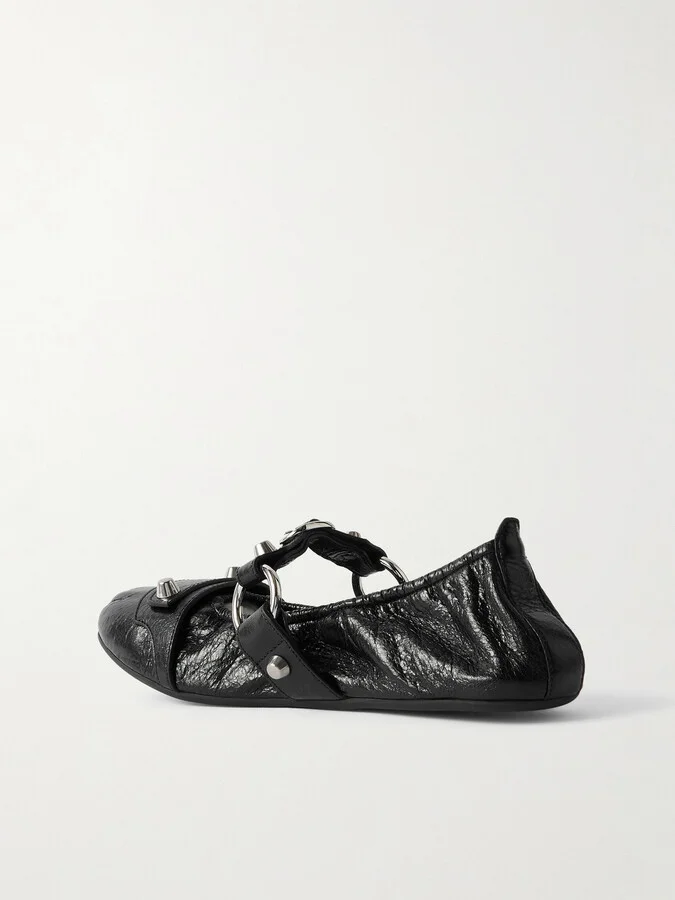 Balenciaga - City Embellished Crinkled-leather Ballet Flats - Black - Image 3