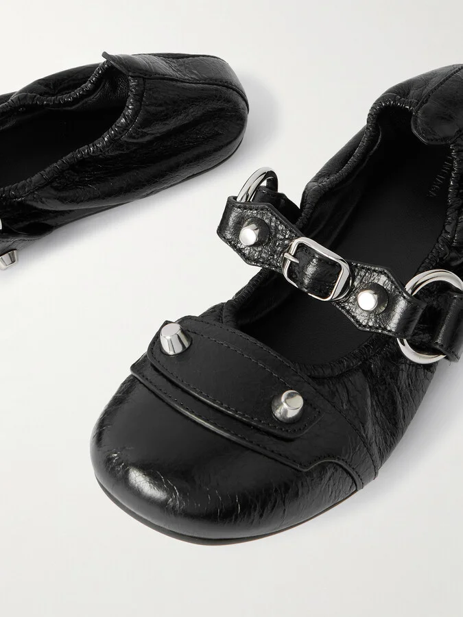 Balenciaga - City Embellished Crinkled-leather Ballet Flats - Black - Image 4