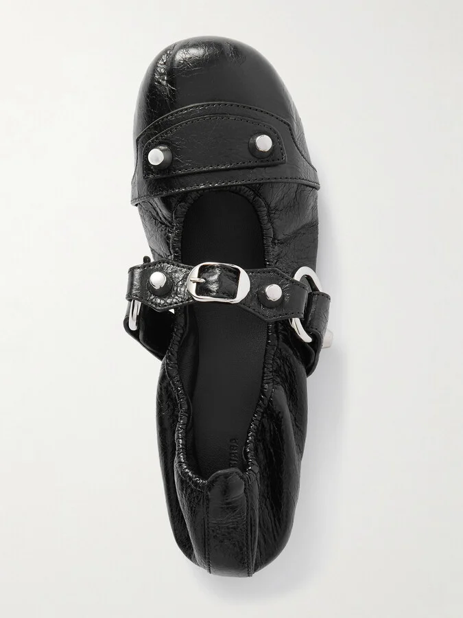 Balenciaga - City Embellished Crinkled-leather Ballet Flats - Black - Image 5