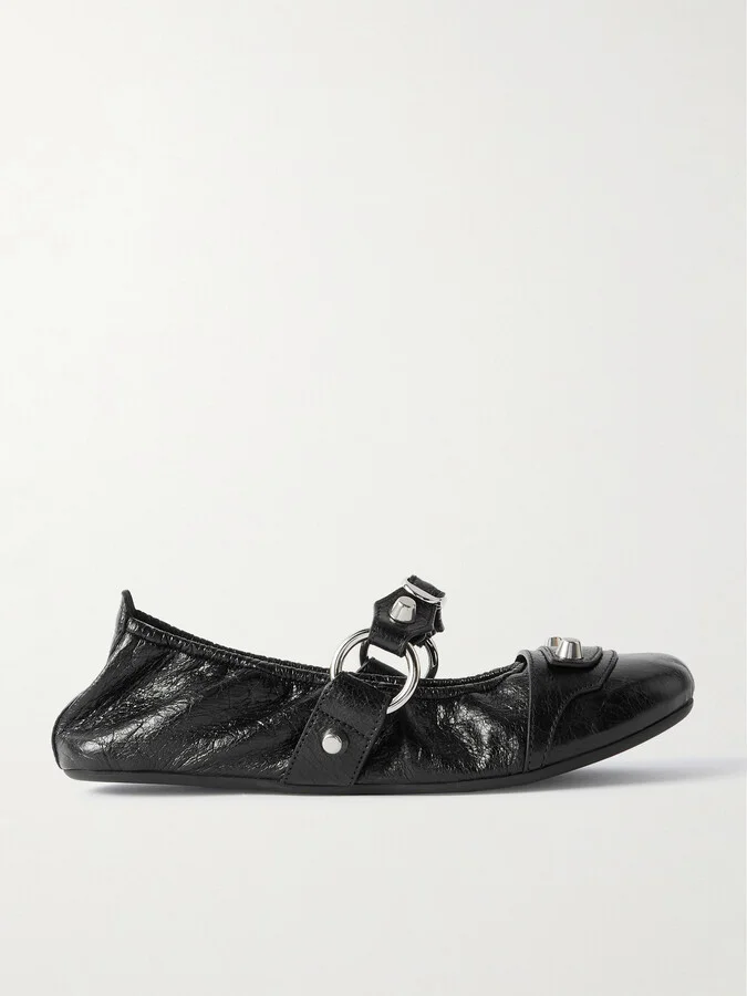 Balenciaga - City Embellished Crinkled-leather Ballet Flats - Black