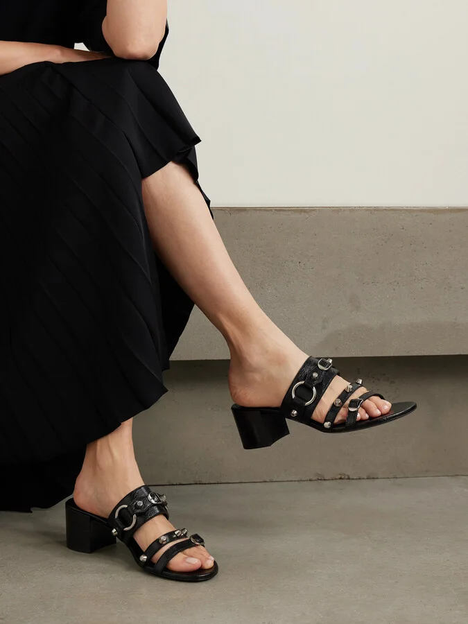 Balenciaga - City Embellished Crinkled-leather Mules - Black - Image 2