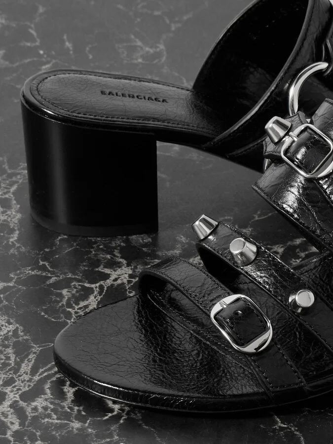 Balenciaga - City Embellished Crinkled-leather Mules - Black - Image 4