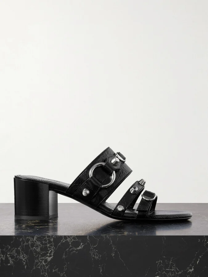 Balenciaga - City Embellished Crinkled-leather Mules - Black