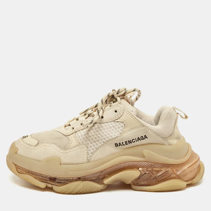 Balenciaga Cream Faux Leather and Mesh Triple S Clear Lace Up Sneakers Size 39