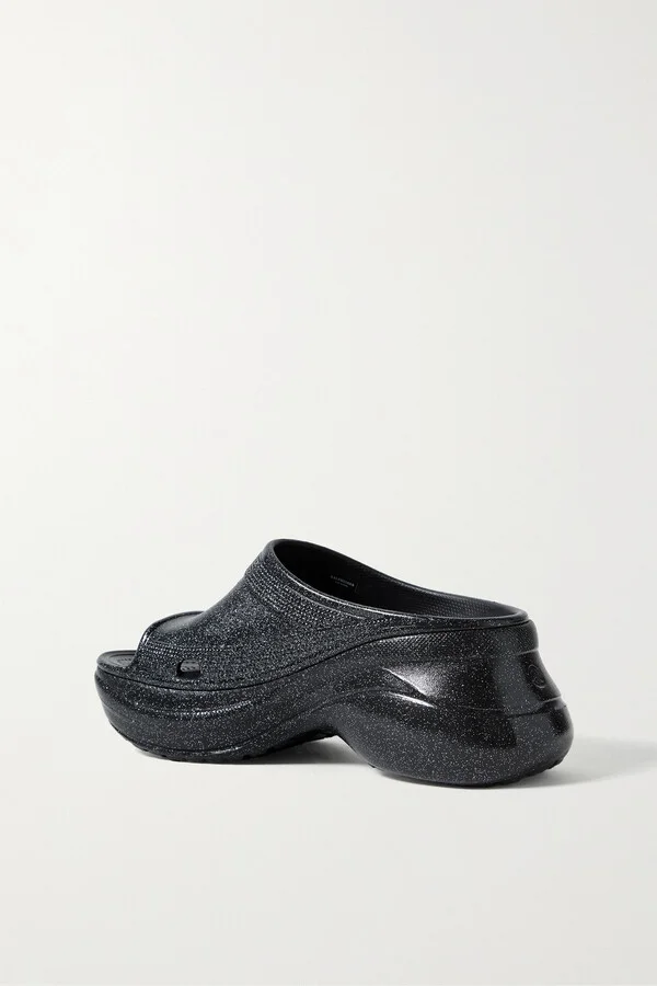 Balenciaga - + Crocs Pool Perforated Iridescent Rubber Slides - Black - Image 3
