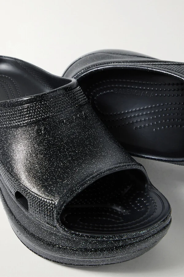 Balenciaga - + Crocs Pool Perforated Iridescent Rubber Slides - Black - Image 4