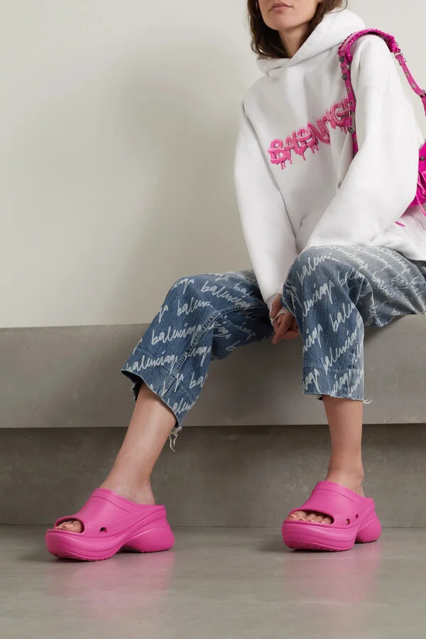 Balenciaga - + Crocs Pool Perforated Neon Rubber Slides - Pink - Image 2