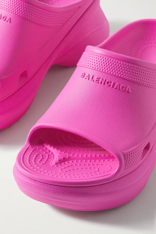 Balenciaga - + Crocs Pool Perforated Neon Rubber Slides - Pink - Image 4