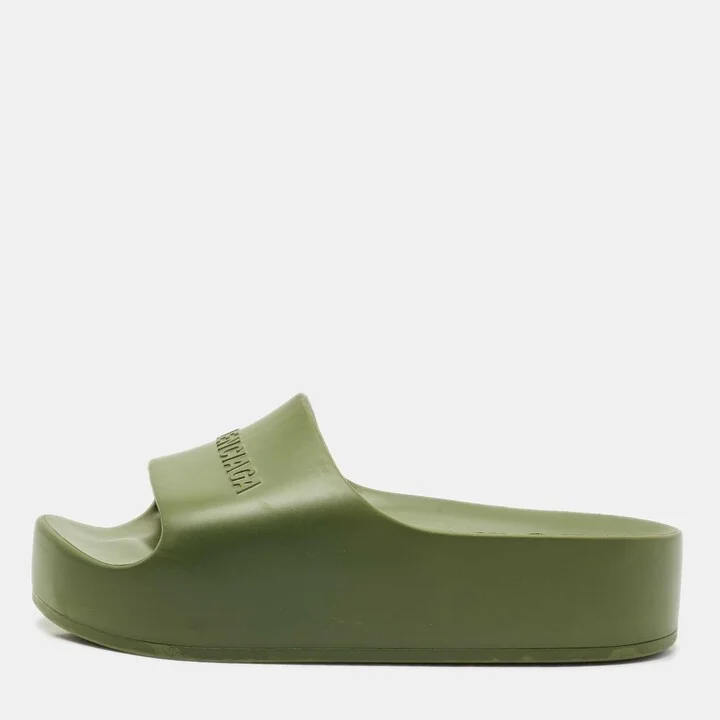 Balenciaga Dark Green Rubber Chunky Logo Pool Slides Size 38