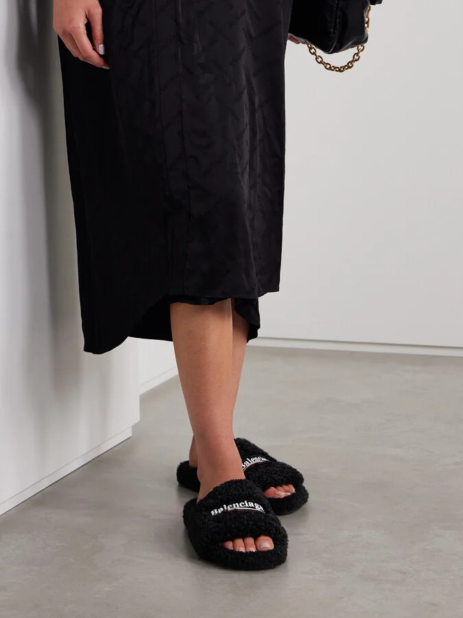 Balenciaga - Furry Logo-embroidered Faux Shearling Slides - Black - Image 2